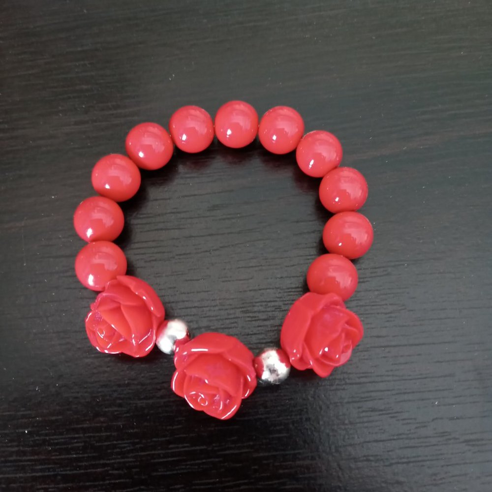 Red Beaded Bracelet with three flowers